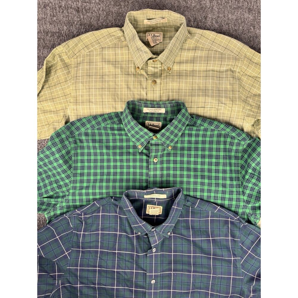 Lot Of 3 Mens L.L Bean Green Checkered Longsleeve Casual Shirts Size Large Tall